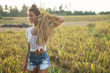 Happy woman farmer during harvesting on the rice field