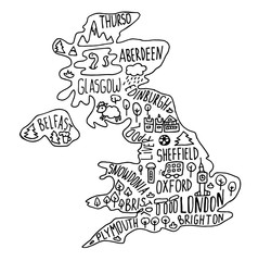Hand drawn doodle Great Britain map. England city names lettering and cartoon landmarks, tourist attractions cliparts.
