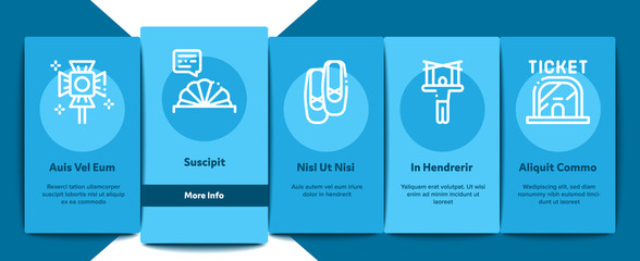 Theatre Equipment Onboarding Mobile App Page Screen Vector. Theatre Ticket And Binoculars, Mask And Microphone, Curtain And Seats, Building And Hat Color Contour Illustrations