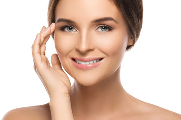 Obraz premium Portrait of young beautiful woman on white background