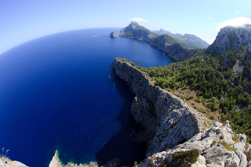 Fototapeta na wymiar Cabo Formentor, Majorca / Spain - August 25, 2016: View and landscape from Cabo Formentor and Mirador d'es Colomer, Mallorca, Balearic Islands, Spain.