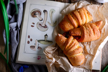 vegan pies with mushrooms.. Top view. selective focus © zoryanchik
