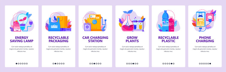 Recycle plastic. Energy saving electric lamp, phone and car charging, green power. Mobile app onboarding screens. Vector banner template for website mobile development. Web site design illustration