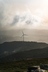 Beautiful view of field with wind turbines at sunset and cloudy sky in northern Spain