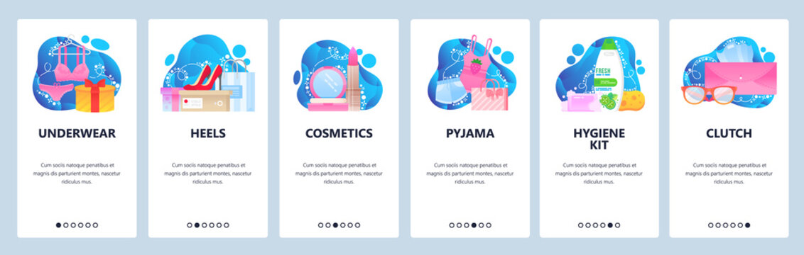 Woman stuff and accessories. Fashion, beauty, female underware, heels, cosmetic, clutch. Mobile app screens. Vector banner template for website and mobile development. Web site design illustration