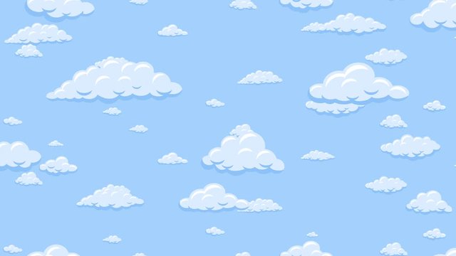 Cartoon clouds floating down vertically on the blue sky background. Seamless looping animation.