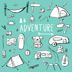 Adventure. Vector hand drawn isolated objects. sketch style.