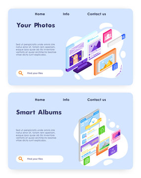 Smart photo album online. Upload photos to cloud storage. Isometric picture gallery. Vector web site design template. Landing page website concept illustration.