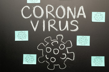 Fototapeta na wymiar 2019-ncov coronavirus, a blackboard and a drawing of a dangerous virus, and many stickers.Concept warning, epidemic and pandemic.New screen saver