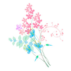 Vector delicate blue pink bouquet flower flat style, in pastel colors element for decorating books, greeting cards, print on clothes, scrapbook, patterns and ornaments. Isolated on white background