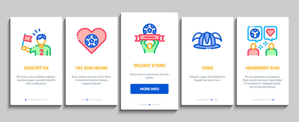 Soccer Fan Attributes Onboarding Mobile App Page Screen Vector. Soccer Fan Hat And Glove In Hand Form, Heart And Air Beeper, T-shirt And Goal Nameplate Color Contour Illustrations