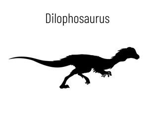 Dilophosaurus. Theropoda dinosaur. Monochrome vector illustration of silhouette of prehistoric creature dilophosaurus isolated on white background. Stencil. Fossil dinosaur.