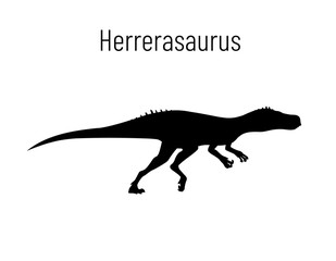Herrerasaurus. Theropoda dinosaur. Monochrome vector illustration of silhouette of prehistoric creature herrerasaurus isolated on white background. Stencil. Fossil dinosaur.