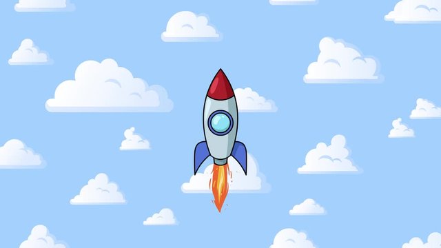 Cartoon rocket flying up around on blue sky with fluffy clouds background. Seamless looping animation.