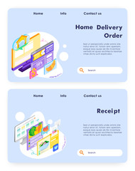 Buy food online and meal delivery. Pay for food online and get receipt. Vector web site design template. Landing page website concept isometric illustration.