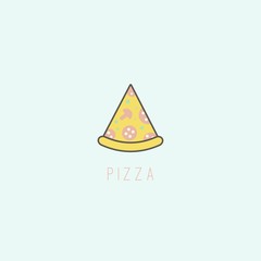 Tasty Pizza slice. Fastfood meal. Junkfood. Minimalistic Icon. Logo template. Colored vector Illustration. Black outline. Cartoon style, simple flat design. Isolated on a blue background