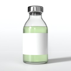 Blank Medical Vial with green liquid. Pharmacy ampoule mockup. Vaccine template.