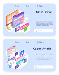Virus attack and cyber security. Fraud and ransom malware. Cloud storage attack and hack. Computer technology. Vector web site design template. Landing page website concept isometric illustration.