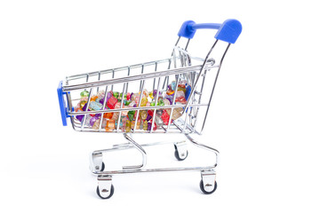 shopping cart with beads of multi-colored gemstones on a white background. isolate