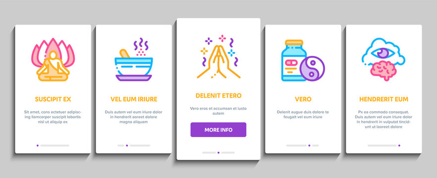 Meditation Practice Onboarding Mobile App Page Screen Vector. Meditation Yoga Relaxation Aromatic Therapy, Human Concentration, Gong And Painting Color Contour Illustrations