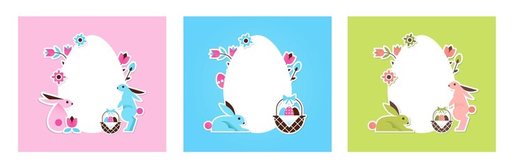 Easter cards set with eggs shapes, flowers, bunnies in cartoon geometric style on colorful backgrounds. Vector Illustration
