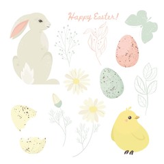 Happy Easter set. Cute bunny with eggs, feathers, flowers. Easter holiday concept. Vector illustration.