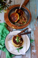 vegan potato pancakes with mushrooms..style rustic