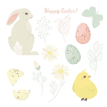 Happy Easter set. Cute bunny with eggs, feathers, flowers. Easter holiday concept. Vector illustration.