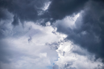 Terrible thunderclouds from the side of a plane. Gloomy epic clouds. Background image in a dark gray style.