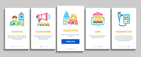 Guide Lead Traveler Onboarding Mobile App Page Screen Vector. Bus And Media Player Guide, Badge And Loudspeaker, Speak And Show Landmark Tourism Color Contour Illustrations