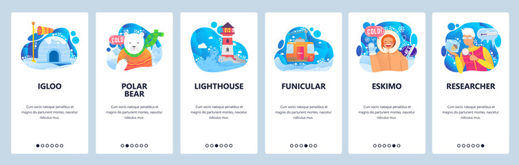 Arctica and Antarctica icons. Polar bear, winter snow and ice, igloo, eskimo, inuit girl. Mobile app screens. Vector banner template for website mobile development. Web site design illustration - obrazy, fototapety, plakaty