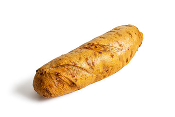 Rustic mini baguette with a golden crust on a white background