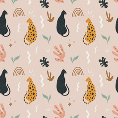 Materiał do szycia Cute leopards seamless pattern. Summer modern abstract print. Isolated cats. Vector illustration