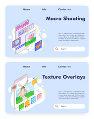 Macro photography, photo camera. Photo filter adjusments. Overlay technology. Vector web site design template. Landing page website concept illustration.