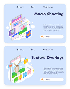 Macro photography, photo camera. Photo filter adjusments. Overlay technology. Vector web site design template. Landing page website concept illustration.