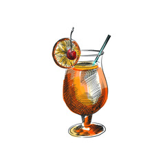 Colorful hand-drawn sketch of a yellow cocktail in a snifter with orange, cherry and a straw on a white ground. 