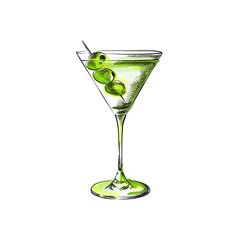 Colorful hand-drawn sketch of a Martini cocktail with green olives on a toothpick on a white ground. 