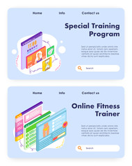 Fototapeta premium Weight loss and slim body program. Online fitness trainer. Sport activity tracking. Vector web site design template. Landing page website concept illustration.