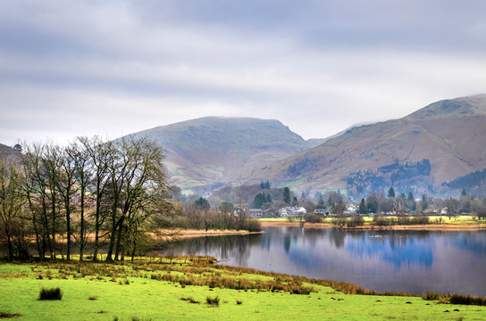 A view of Rydal water from the road with the Langdales range in the background. 