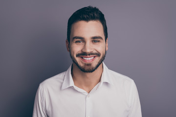 Closeup photo of young macho business man employer investor meet colleagues corporate seminar friendly smiling wear white office shirt isolated grey color background