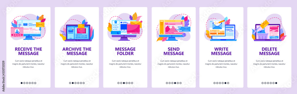 Wall mural write, send, receive and delete messages. email inbox, computer technology. mobile app onboarding sc