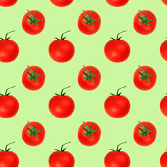 Seamless pattern of cherry tomatoes on a green background. Minimal concept, isometric food texture.