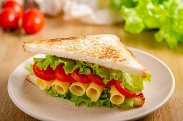 Ham sandwich on a plate on the table. Quick snack. Fast food.