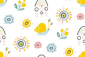 Spring illustration with rainbow, sun, flowers and snail. Seamless pattern for printing brochure, poster, party, summer print, textile design, card. Scandinavian style.