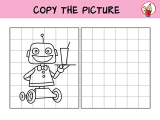 Robot waiter. Copy the picture. Coloring book. Educational game for children. Cartoon vector illustration