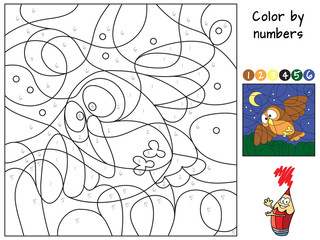 Owl flies at night. Color by numbers. Coloring book. Educational puzzle game for children. Cartoon vector illustration