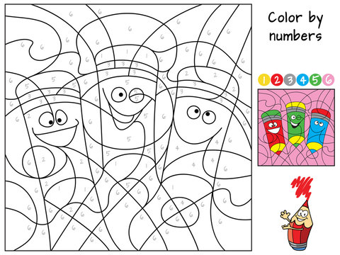 Funny pencils. Color by numbers. Coloring book. Educational puzzle game for children. Cartoon vector illustration