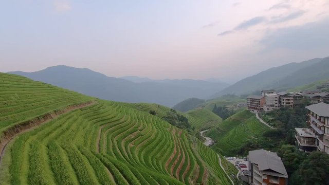 View of the beautifully located Pingan village, surrounded by scenic Rice terraces, northern Guilin, Guangxi Province, China