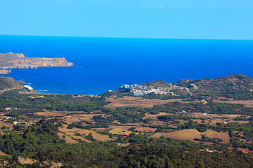 Fototapeta na wymiar El Toro, Menorca / Spain - June 25, 2016: Panoramic view from summit of Mount Toro (El Toro), Es Mercadal, Menorca, Balearic Islands, Spain