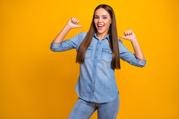 Yeah they choose me. Positive cheerful crazy girl proud point forefinger at herself celebrate achieving aims scream wear good look outfit isolated over shine color background